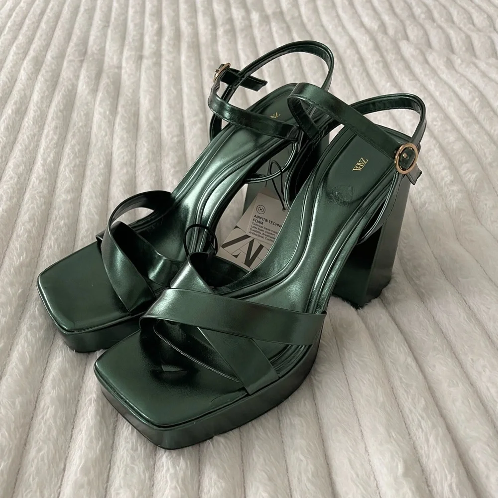 Zara Emerald Green Ankle Strap Platform Sandals - Picture 4 of 11